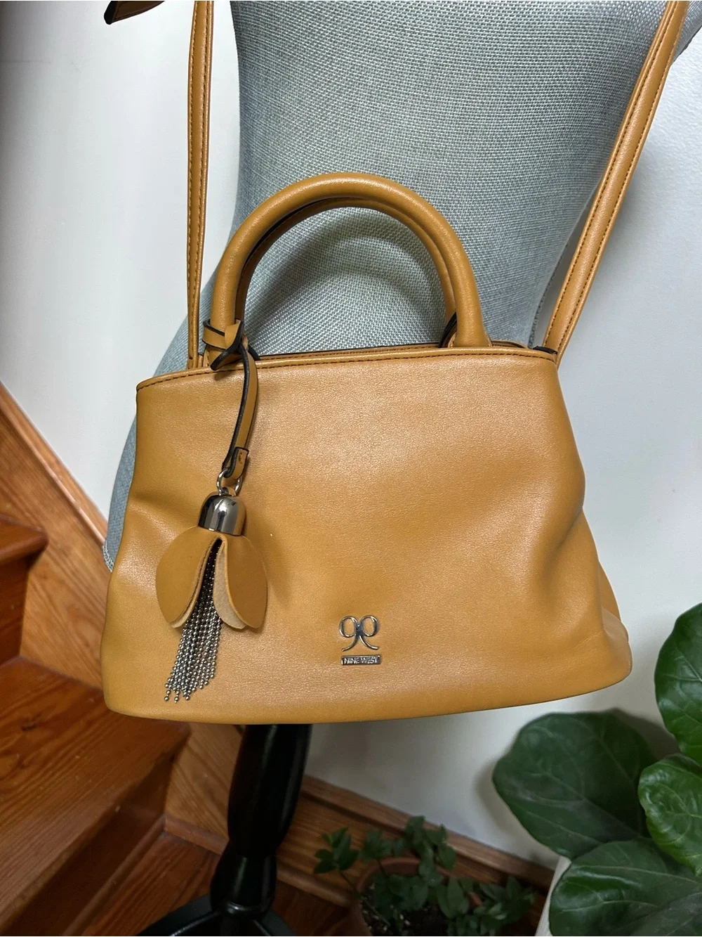 Nine West Mustard Yellow Leather Satchel with Tassel Charm